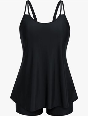 NWT Hanna Nikole Black Two Piece Tankini Swimsuit Flowy Top & Boy Shorts Size XL